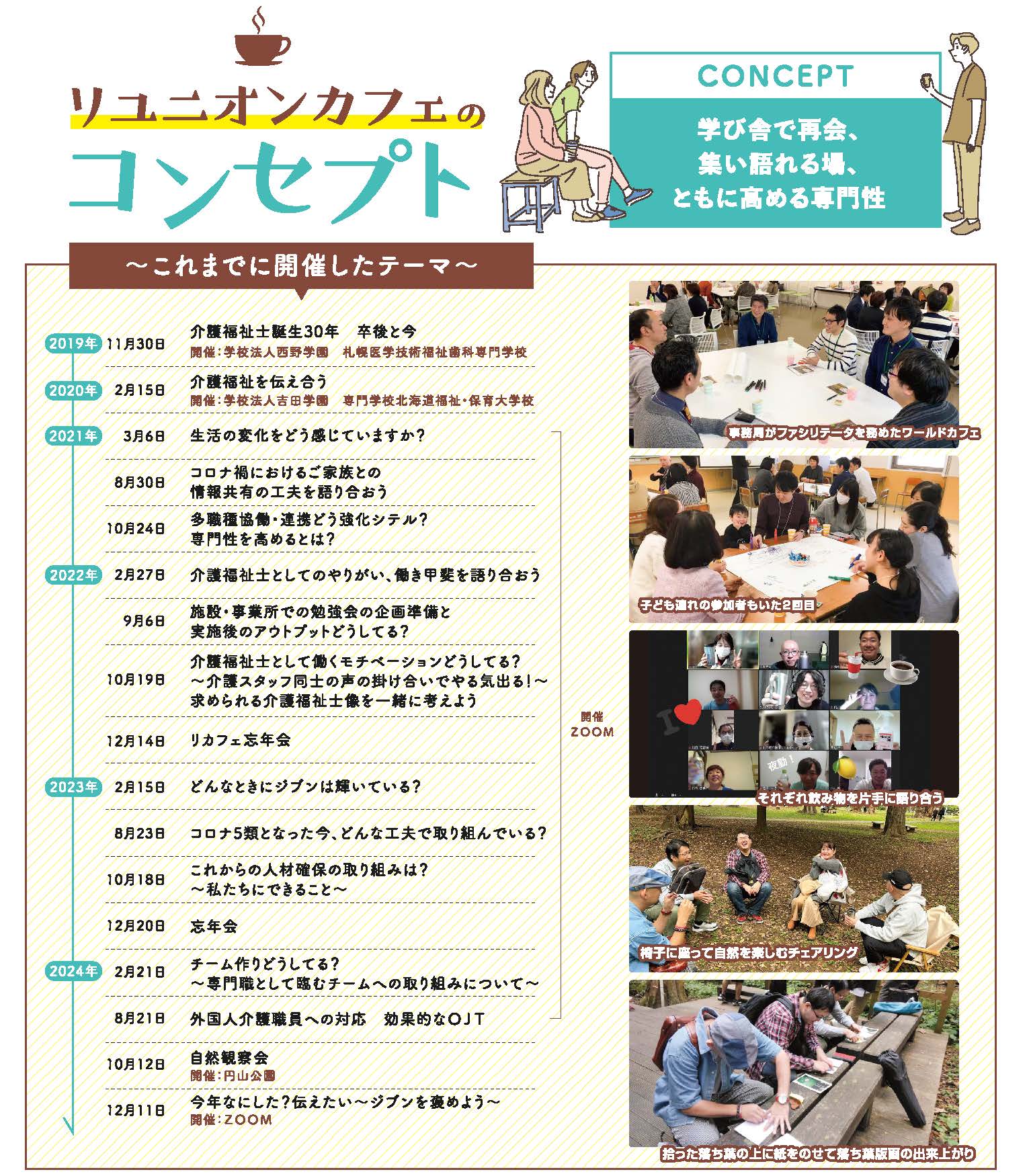 リユニオンカフェのコンセプトは、「学び者で再開、集い語れる場、ともに高める専門性」です。これまでにも、さまざまなテーマでイベントを開催しています。